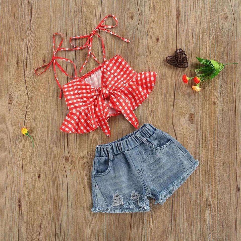 Knotted checks top and denim shorts set
