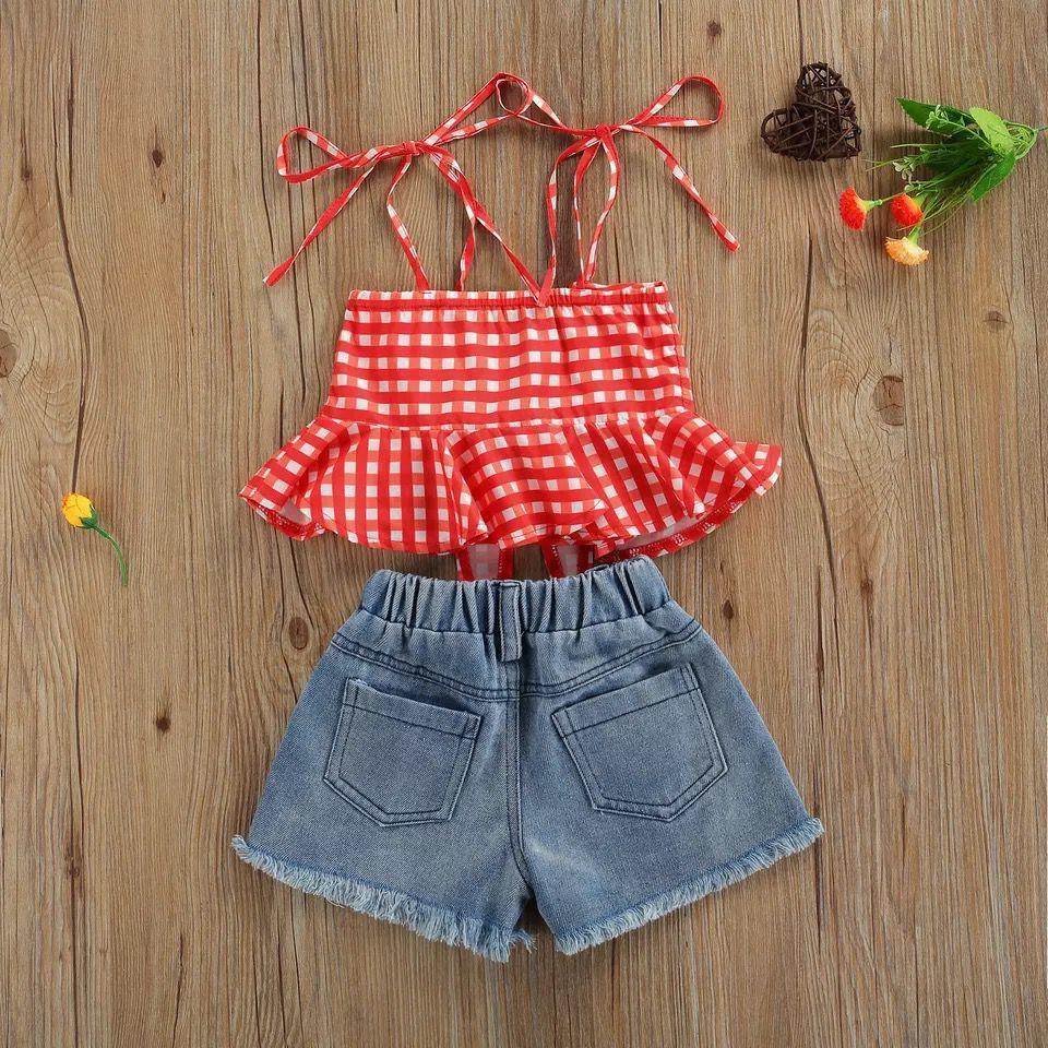 Knotted checks top and denim shorts set