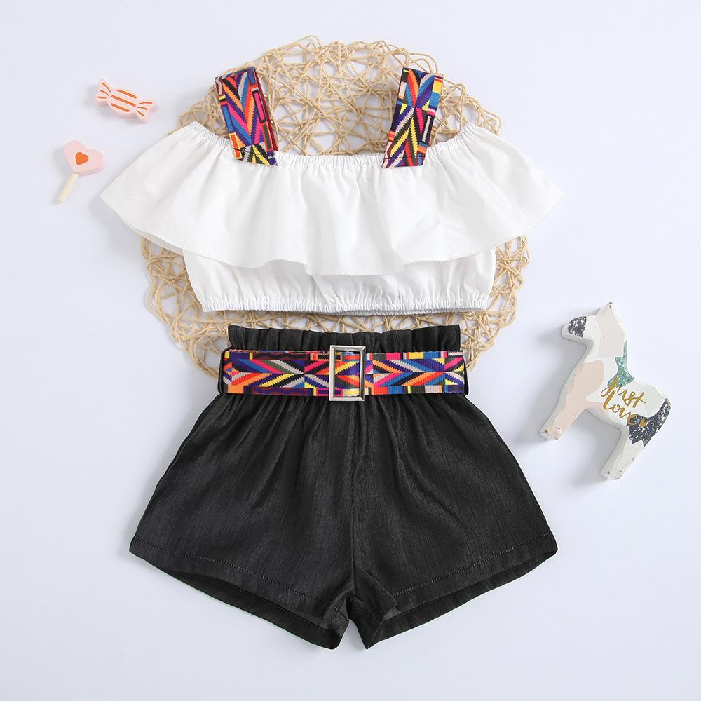 Colorful belted shorts and off shoulder top