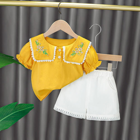 Embroidered collar top and white shorts set