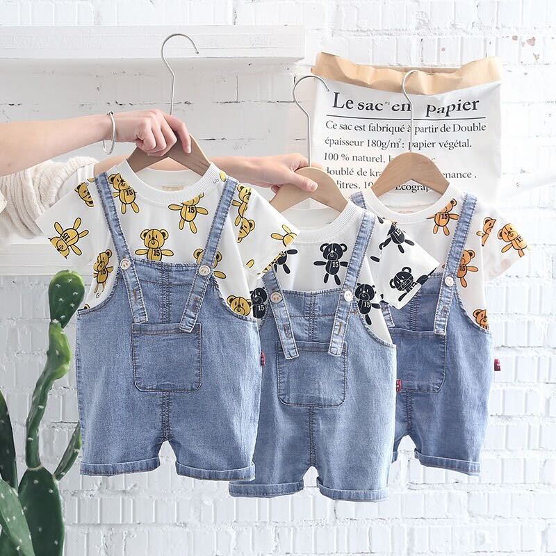 Bear Printed T-shirt and Dungaree Set