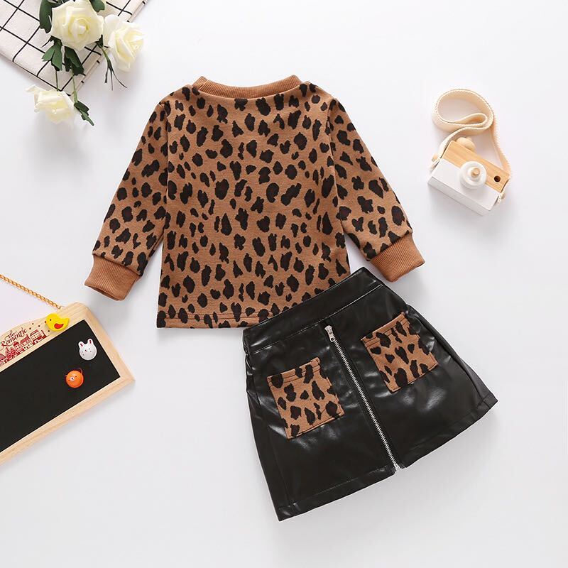 Leopard pullover and faux leather skirt set