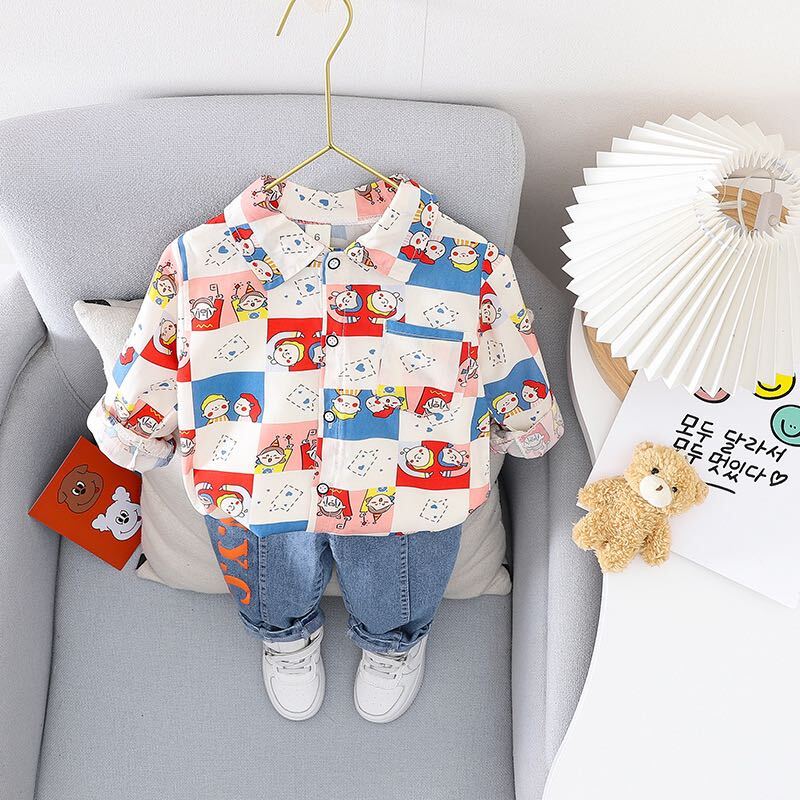 Cartoon printed shirt and denim set