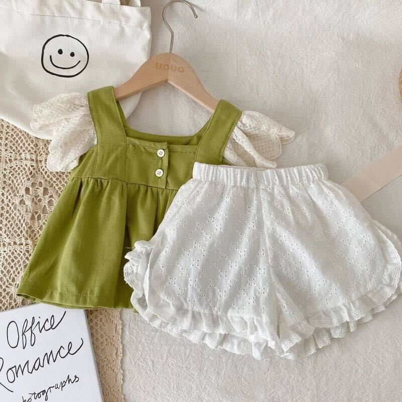 Buttoned top and eyelet shorts set