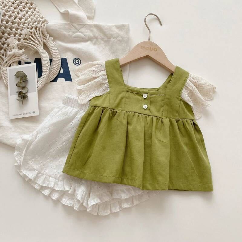 Buttoned top and eyelet shorts set
