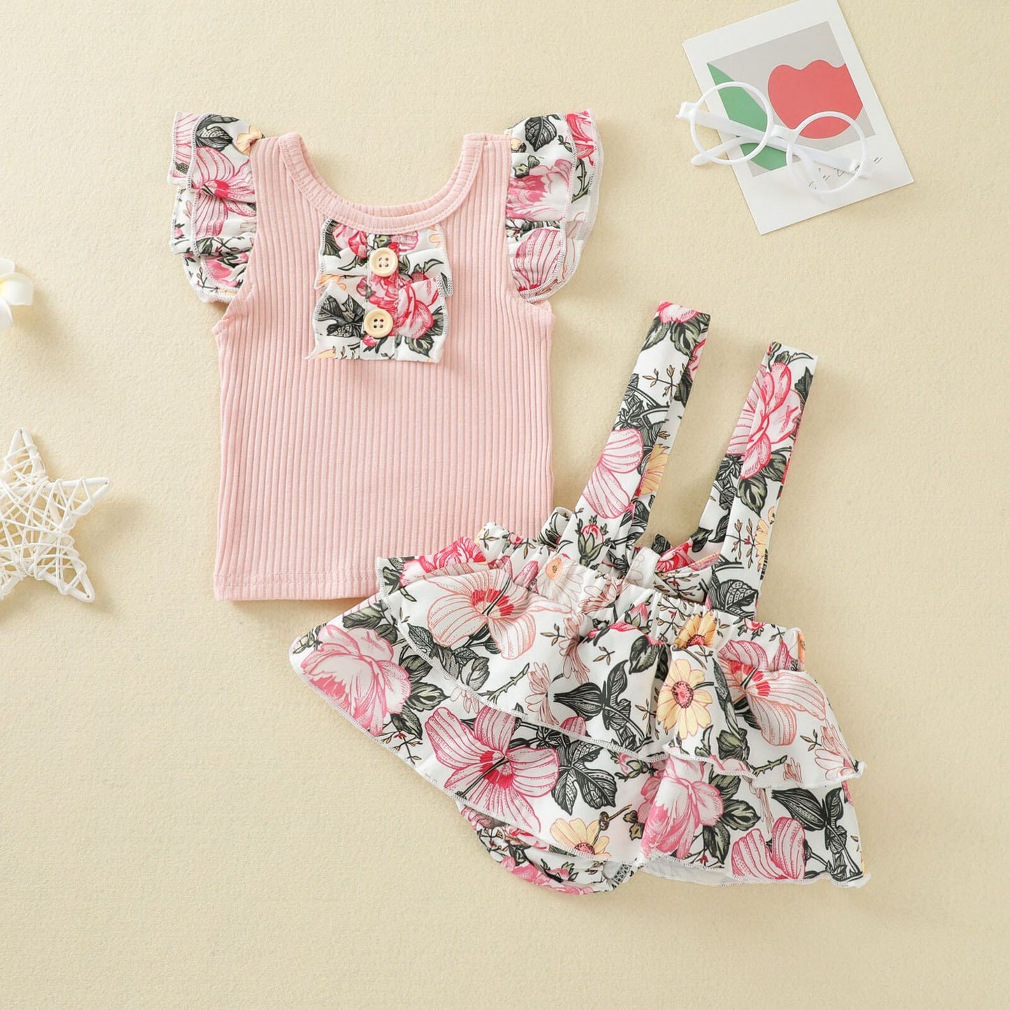 Flare Tshirt and printed skirt dungaree set