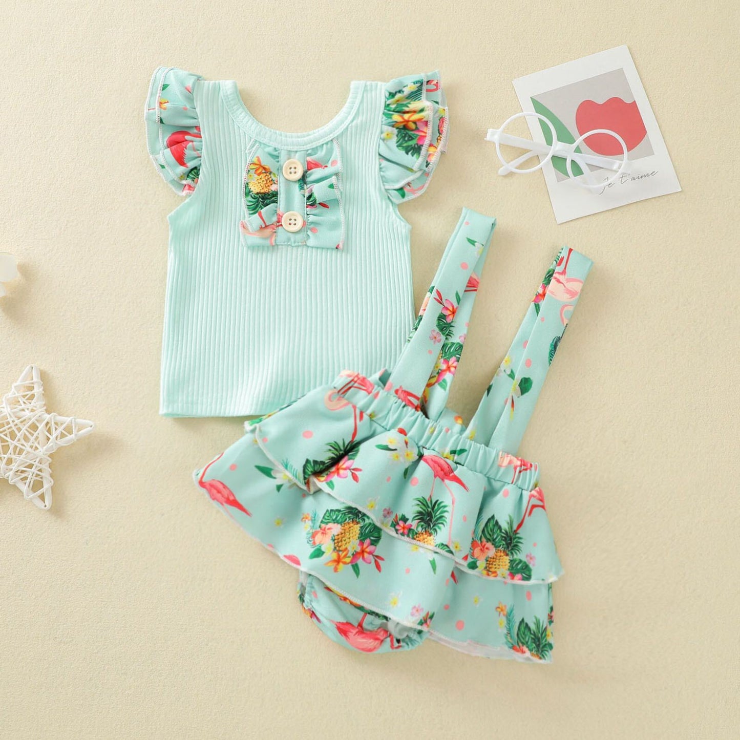Flare Tshirt and printed skirt dungaree set