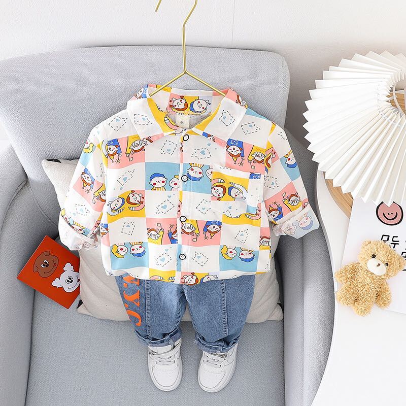 Cartoon printed shirt and denim set