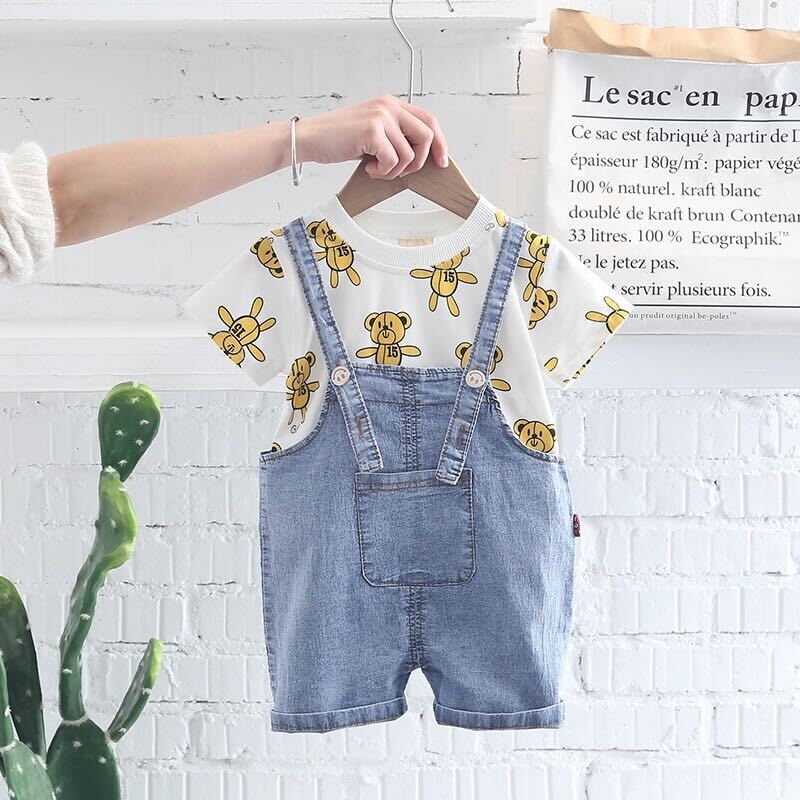 Bear Printed T-shirt and Dungaree Set