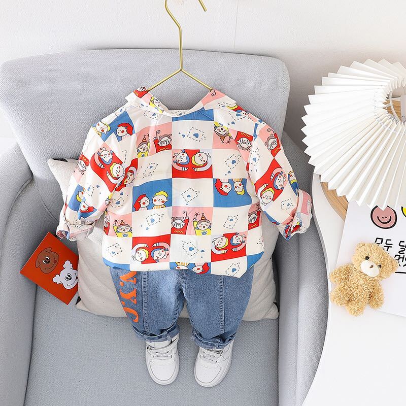 Cartoon printed shirt and denim set