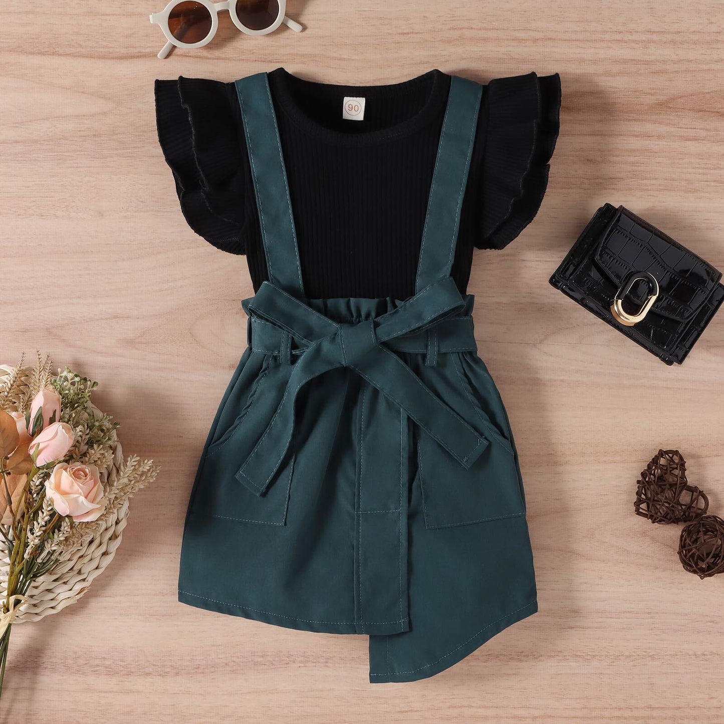 Flare top and dungaree shorts set