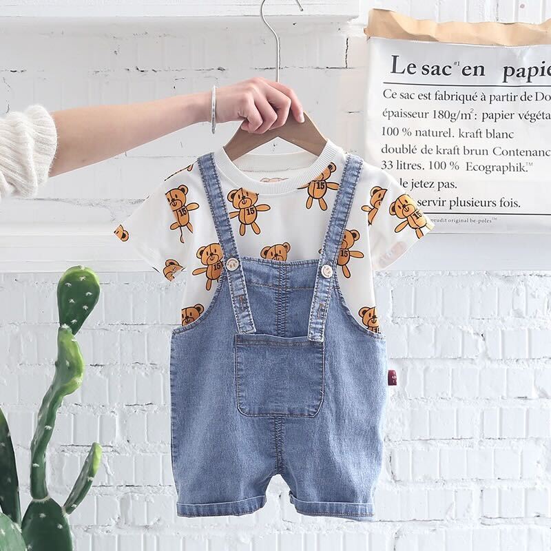 Bear Printed T-shirt and Dungaree Set