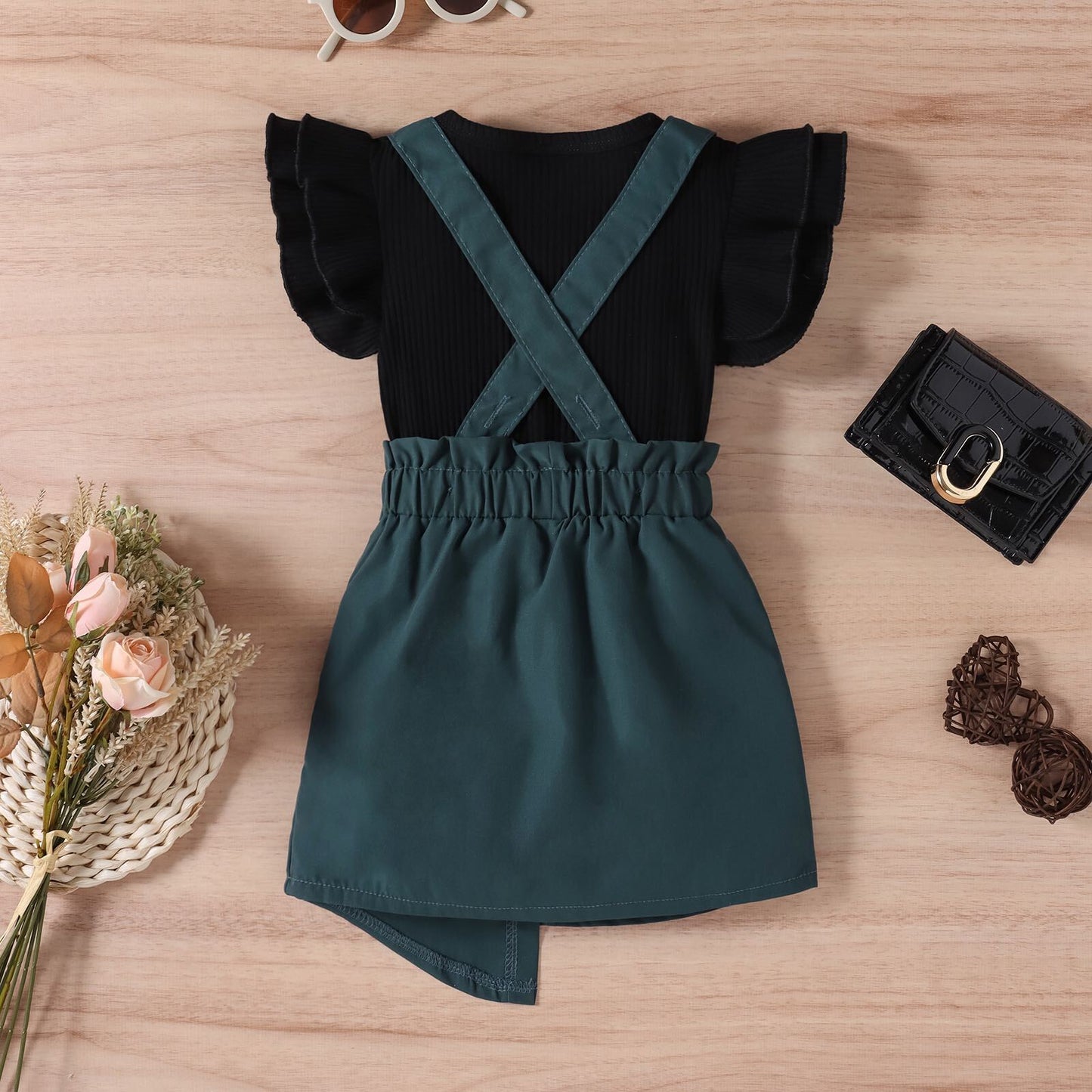 Flare top and dungaree shorts set
