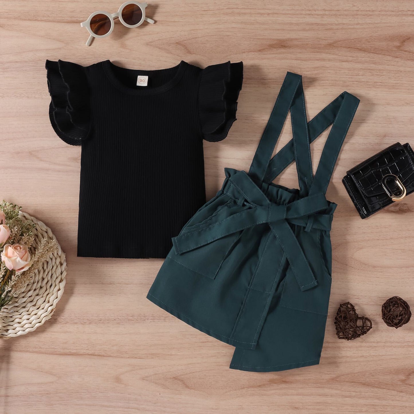 Flare top and dungaree shorts set