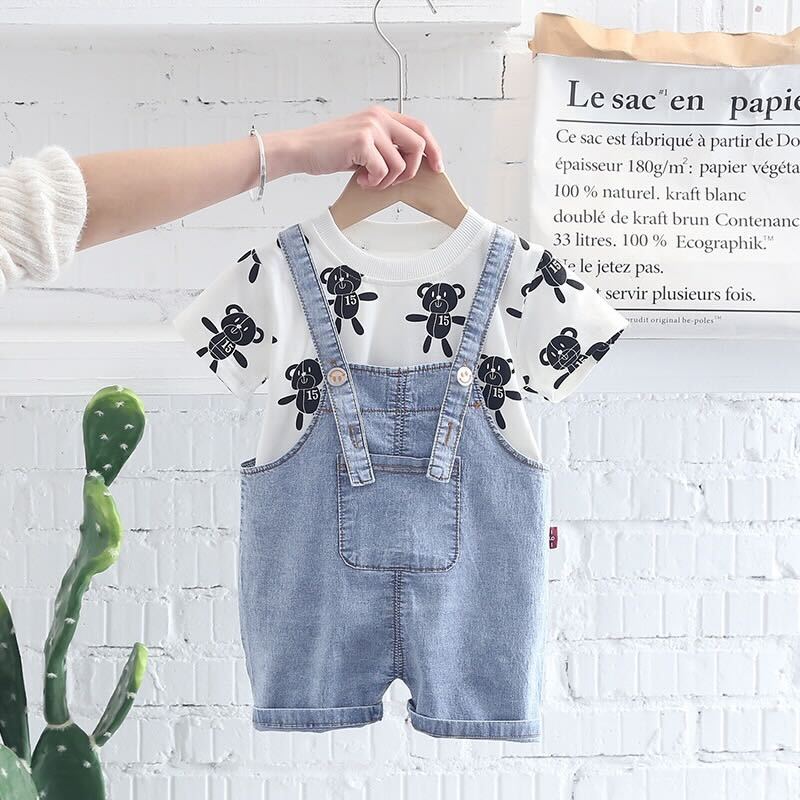 Bear Printed T-shirt and Dungaree Set