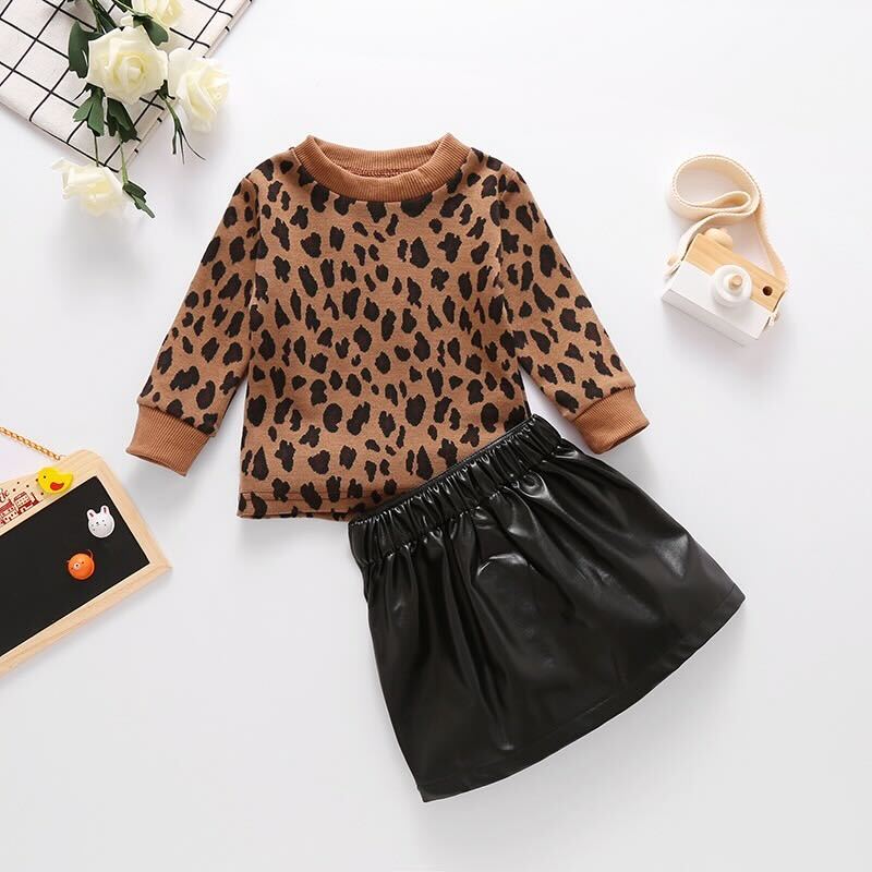 Leopard pullover and faux leather skirt set