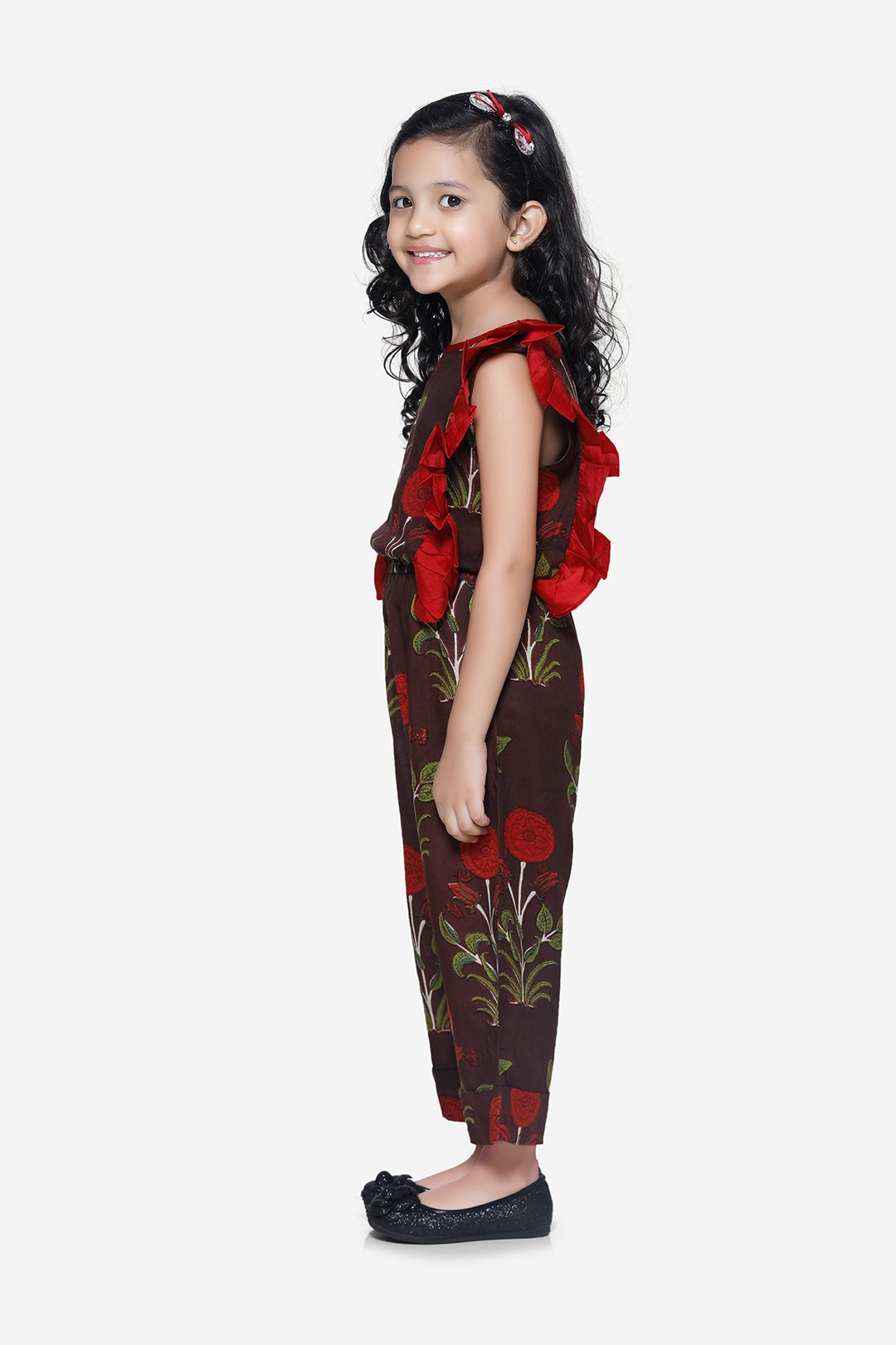 Brown Motif Print Ruffled Jumpsuit