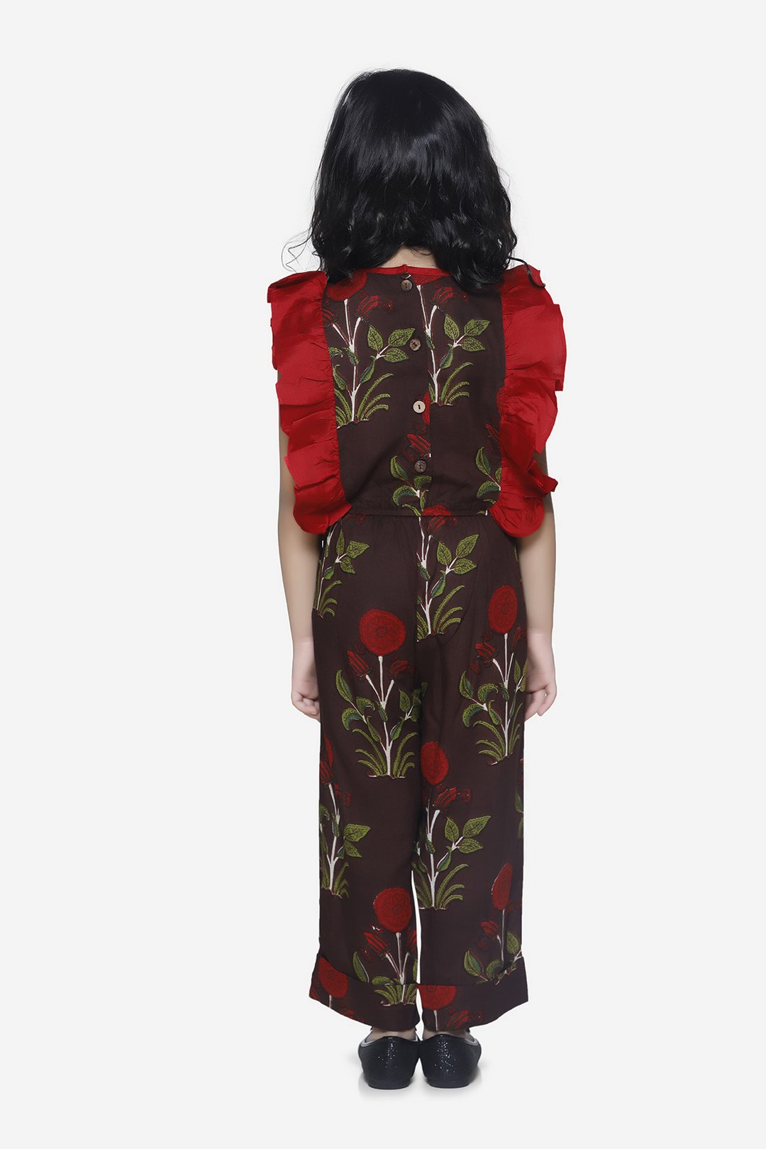 Brown Motif Print Ruffled Jumpsuit