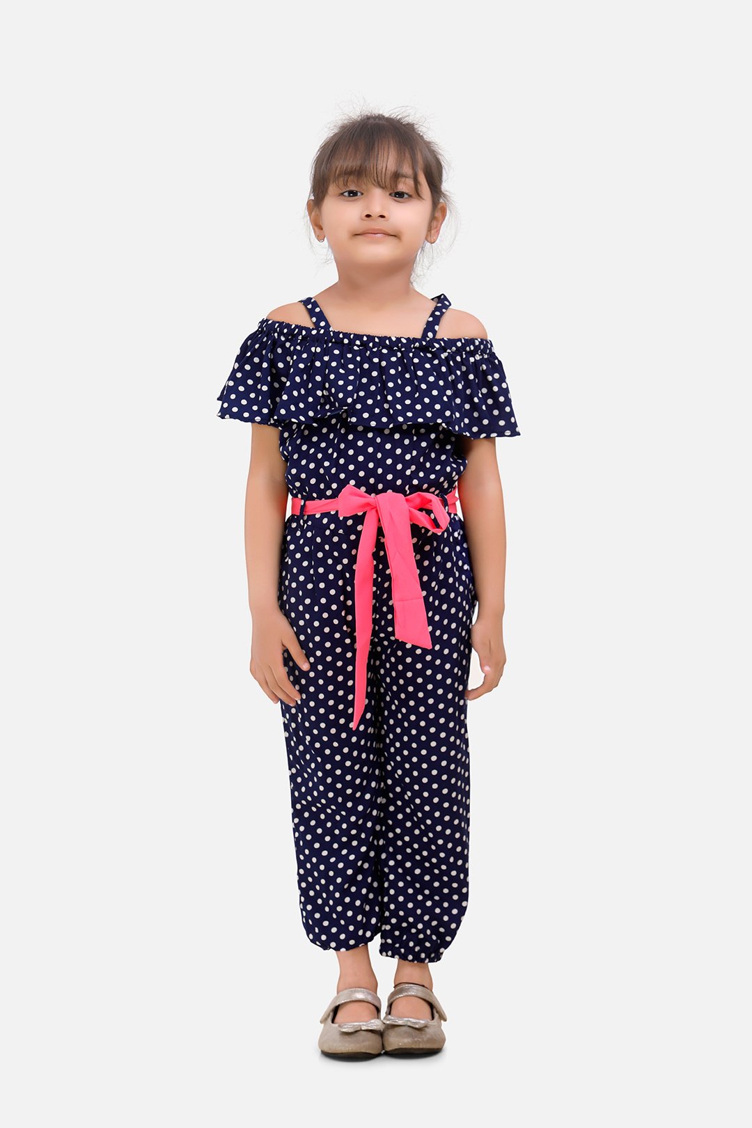 Navy Polka Jumpsuit with Neon Belt