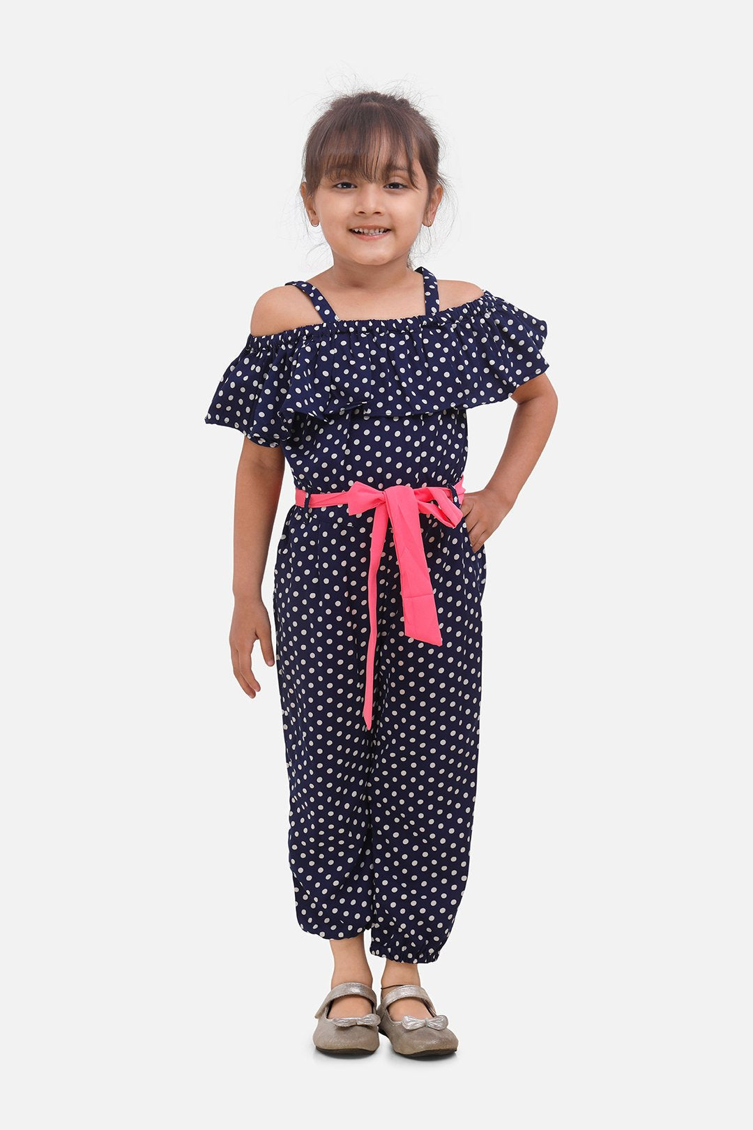 Navy Polka Jumpsuit with Neon Belt