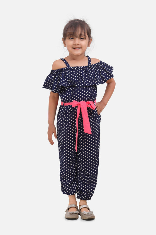 Navy Polka Jumpsuit with Neon Belt