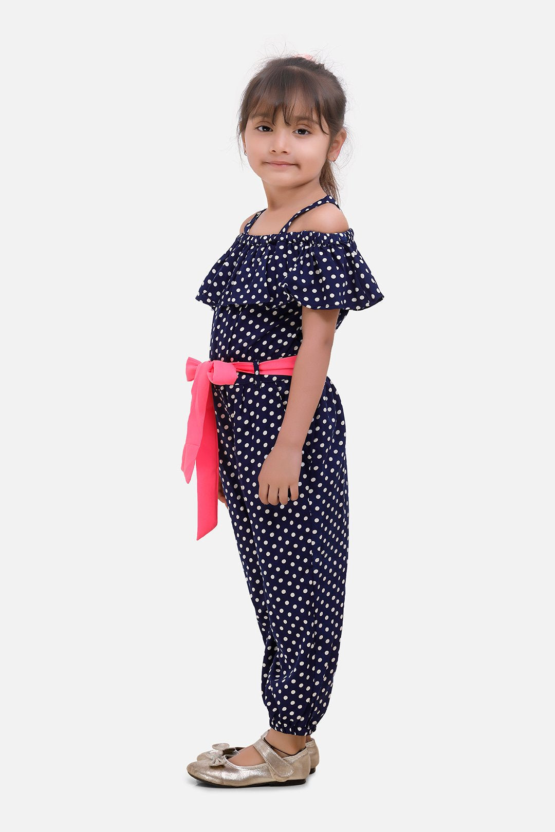 Navy Polka Jumpsuit with Neon Belt