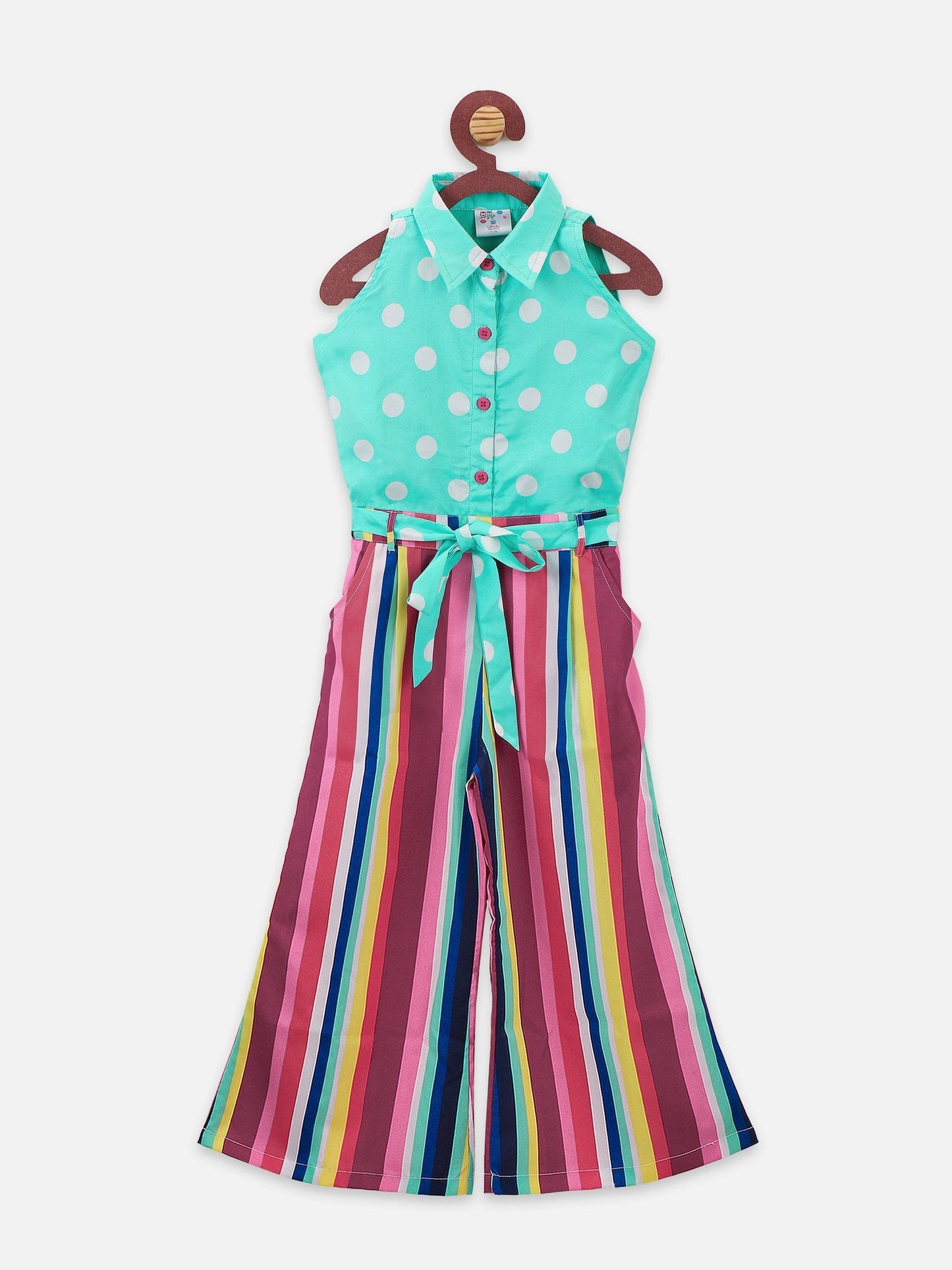 Powder Blue Polka Striped Full flared Jumpsuit
