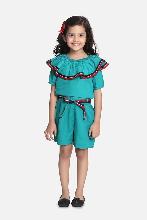 Teal Elegant Frilly Short Jumpsuit