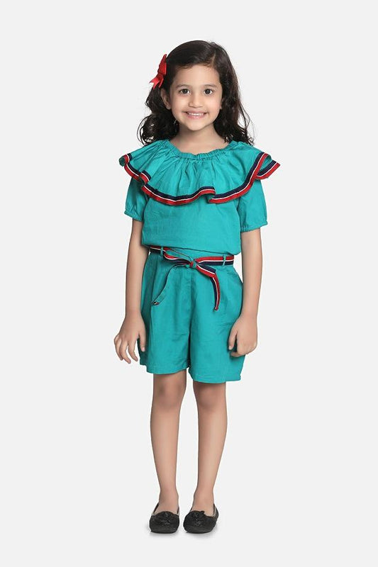 Teal Elegant Frilly Short Jumpsuit