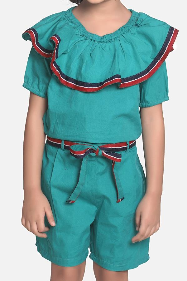 Teal Elegant Frilly Short Jumpsuit