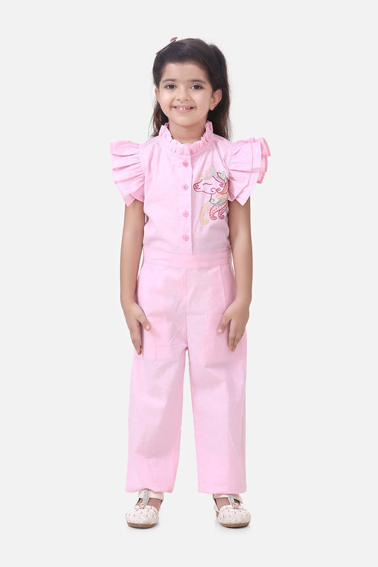 Unicorn Embrodiery Baby Pink Full Jumpsuit