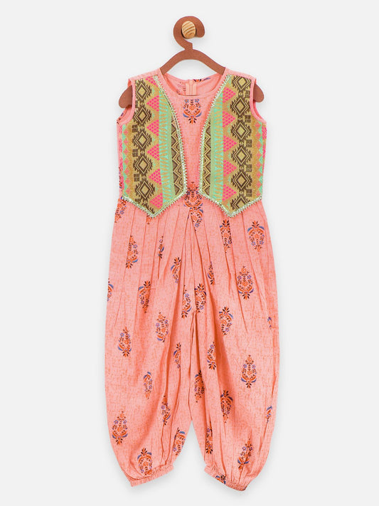 Ethnic style Peach Printed Dhoti jumpsuit
