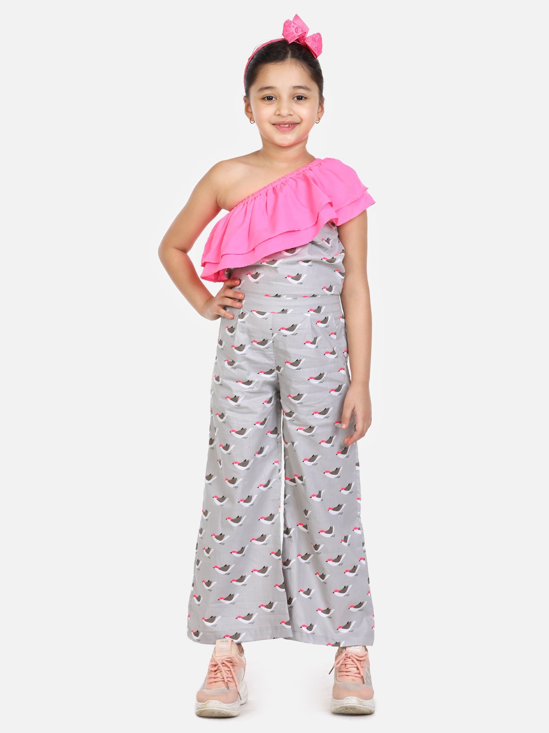 Grey Bird Print Full Jumpsuit
