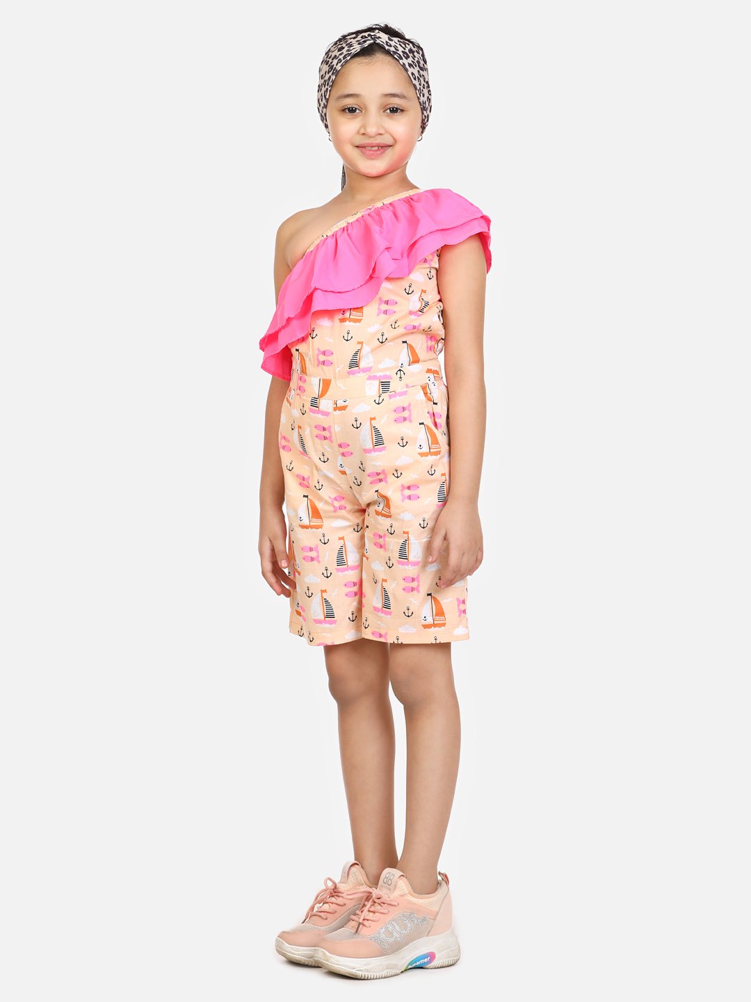 Fish Print Peach One Side Shoulder Short Jumpsuit