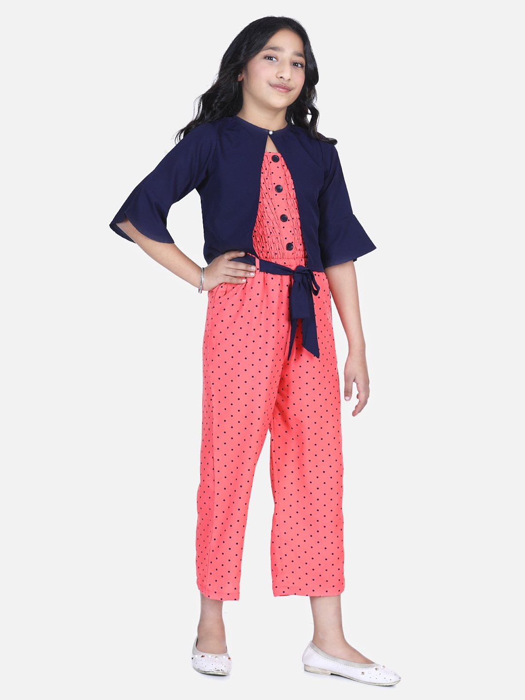 Coral Polka Smocking Jumpsuit with Shrug Set