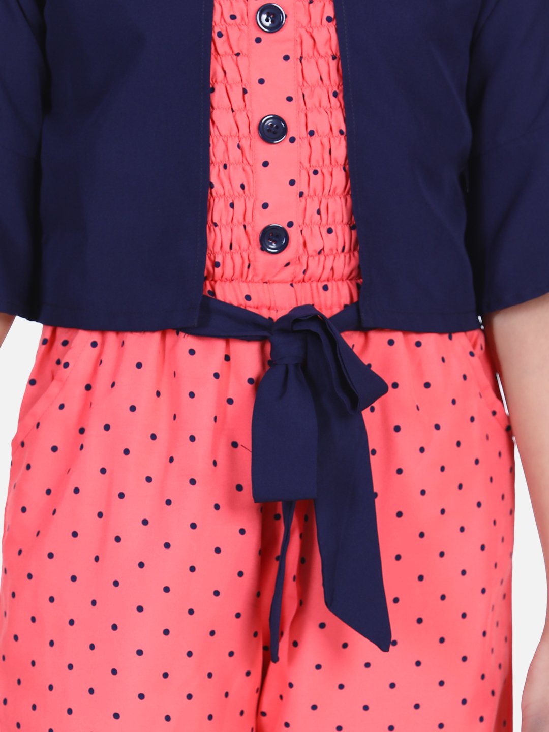 Coral Polka Smocking Jumpsuit with Shrug Set