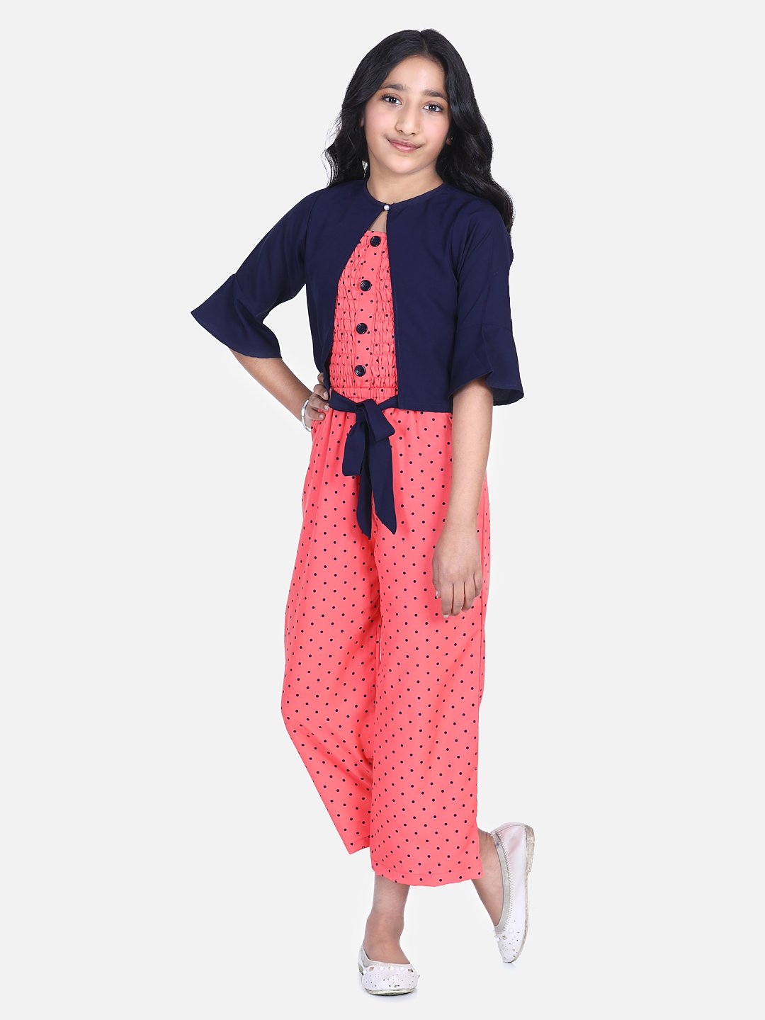 Coral Polka Smocking Jumpsuit with Shrug Set