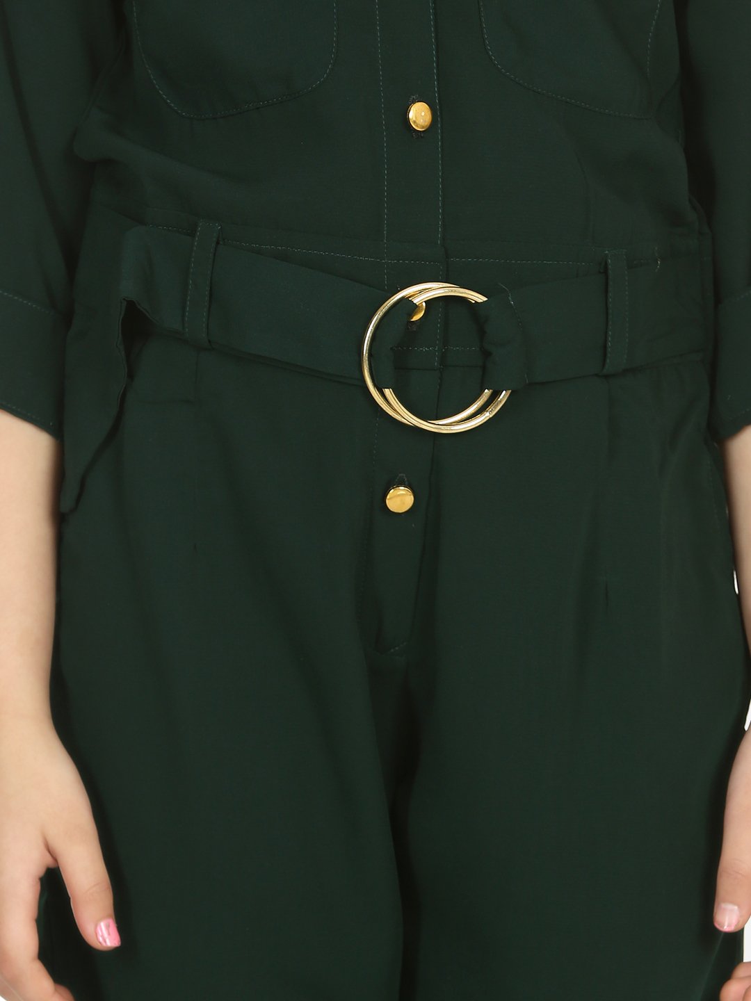Bottle Green Golden Button Formal Jumpsuit