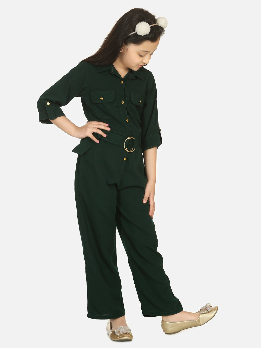Bottle Green Golden Button Formal Jumpsuit