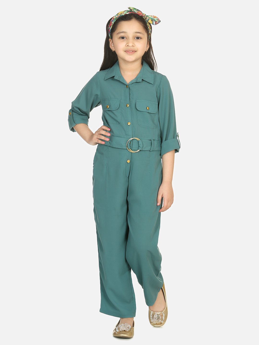 Vintage Green Golden Button Formal Jumpsuit