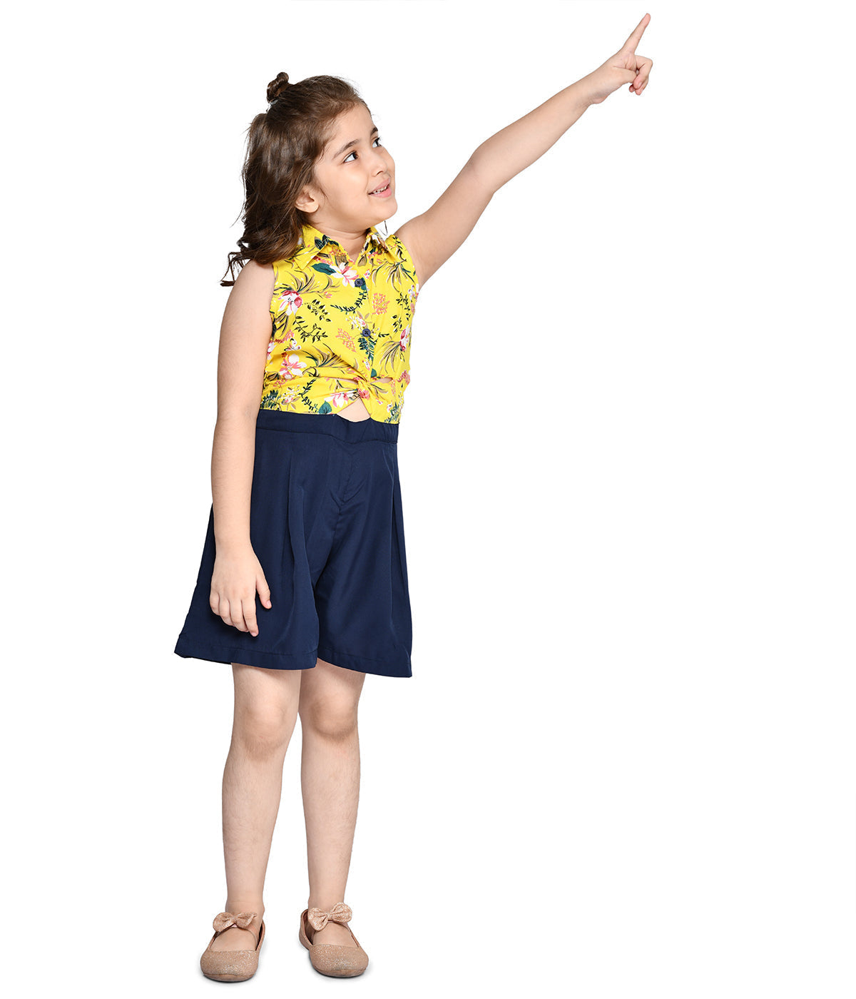 Yellow Navy Knot Style Flared Short Jumpsuit