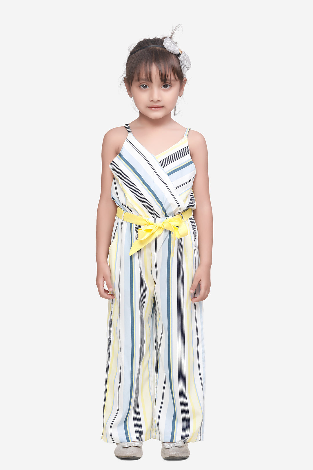 Off White Striped Crossover Style Strappy Full Jumpsuit