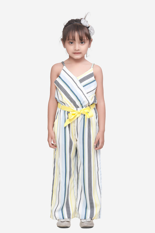 Off White Striped Crossover Style Strappy Full Jumpsuit