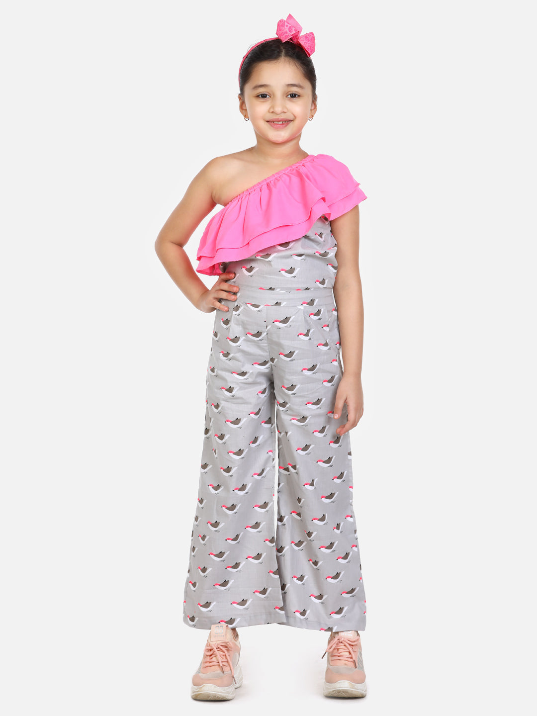 Grey Bird Print Full Jumpsuit