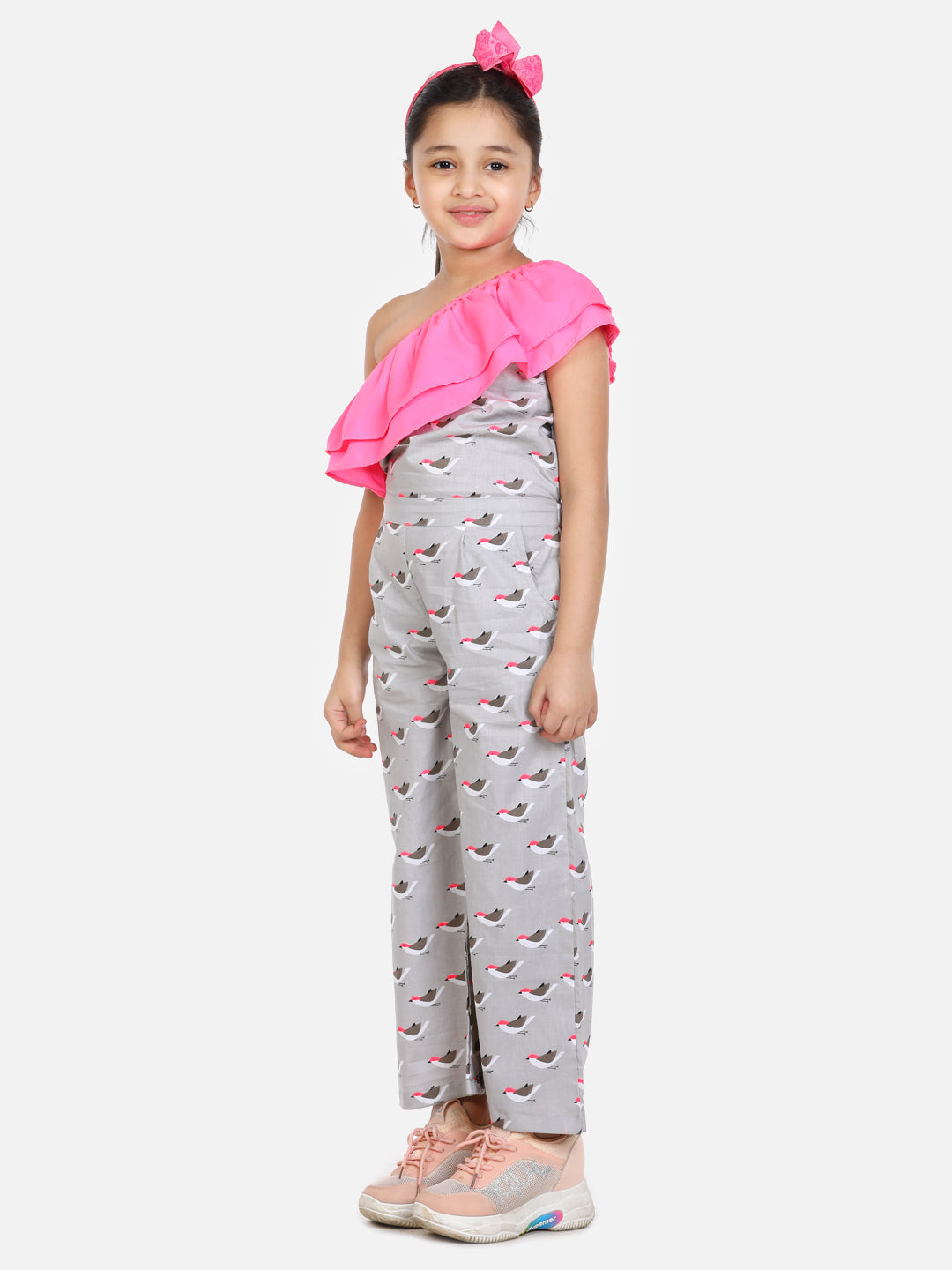 Grey Bird Print Full Jumpsuit