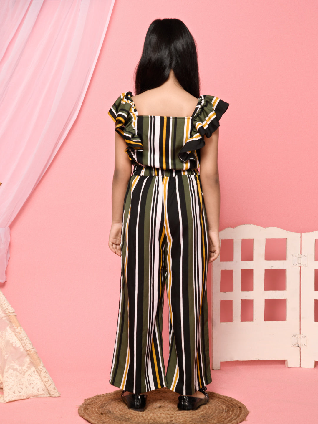 Stripes Printed Button Down Belted Full Jumpsuit