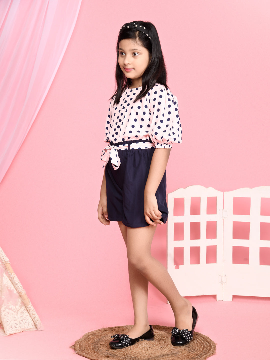 Polka Printed Puff Sleeve Short Jumpsuit