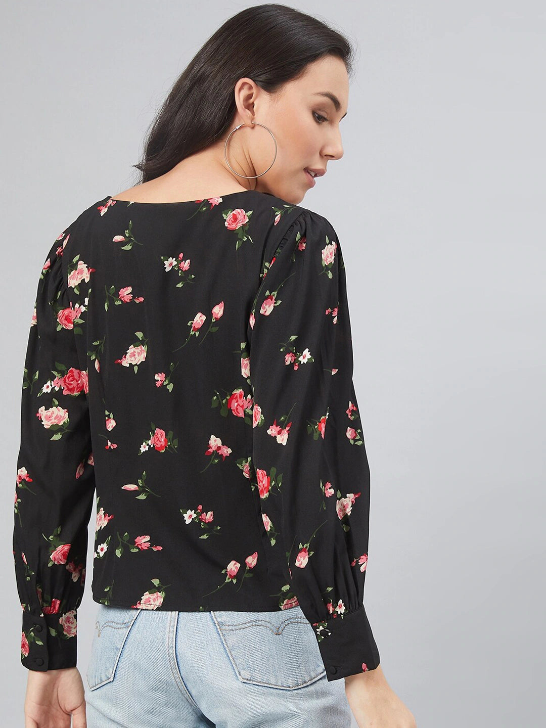 Black & Pink Floral Shirt Style Top