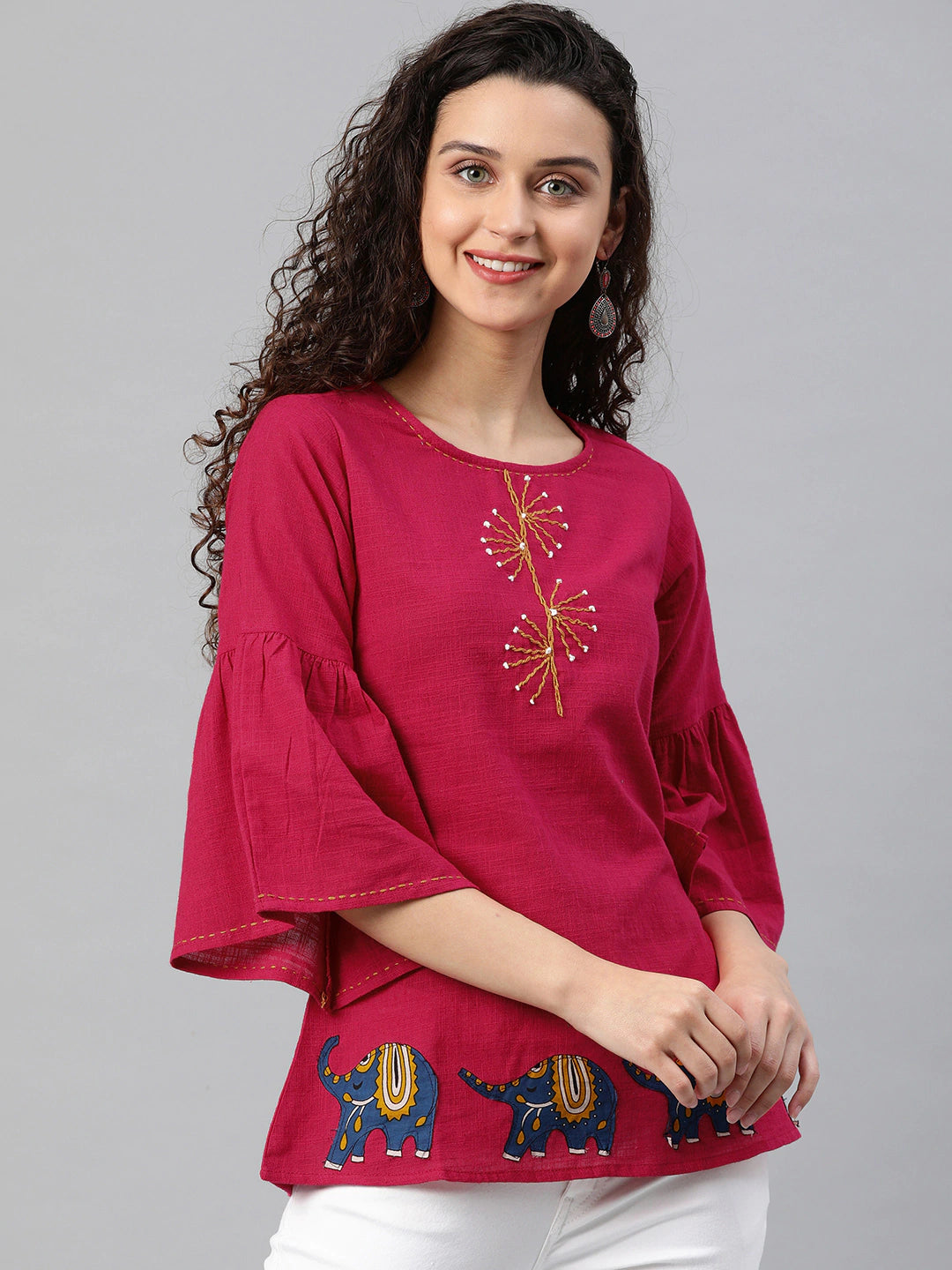 Fuchsia Pink Embroidered Top With Applique