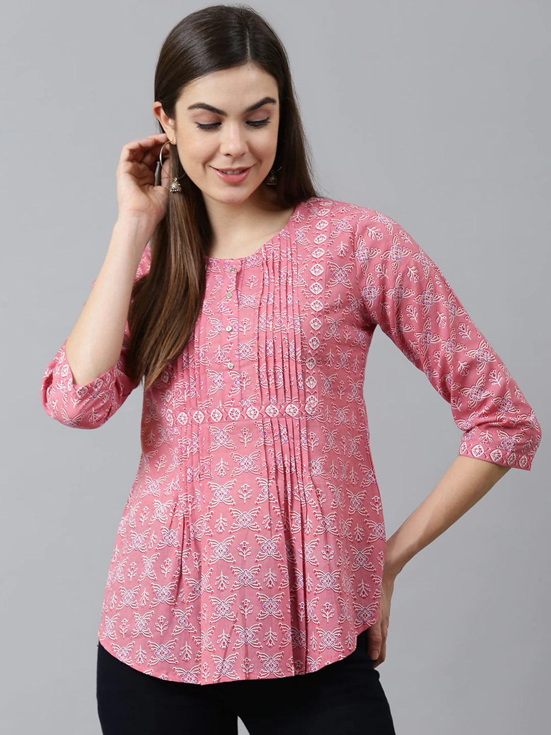 Pink Printed Pure Cotton A-Line Top
